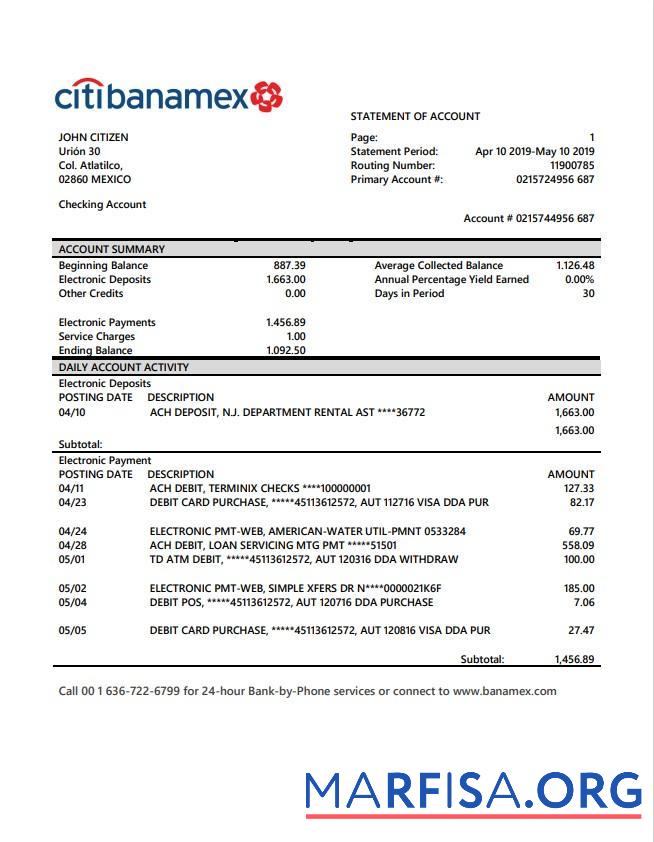 Downloadable Mexico Citibanamex bank statement word sample
